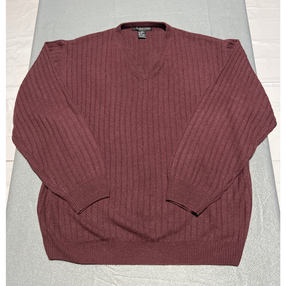 Geoffrey Beene Mens V-Neck Sweater Cashmere Ribbed Knit Pullover XL Burgundy